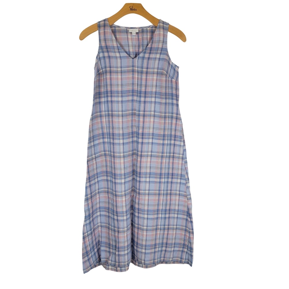J. Jill Love Linen Plaid Maxi Dress Pastel Size Small Blue Pink 100% Linen